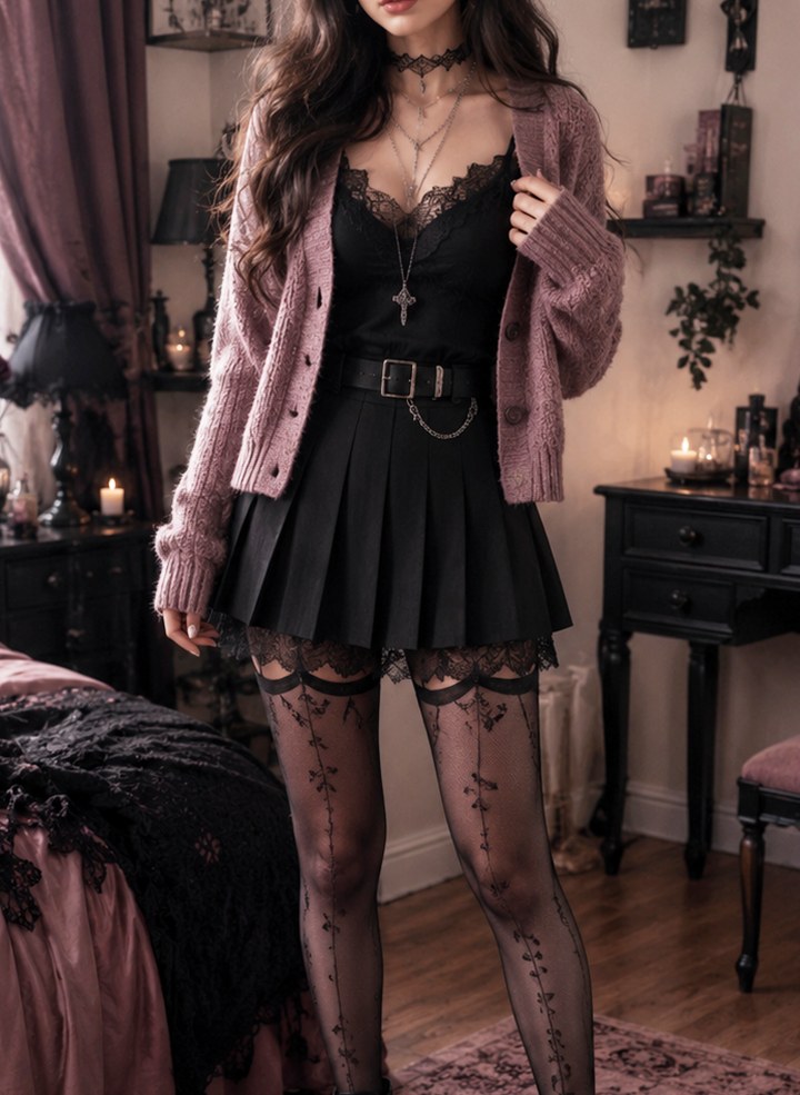 Inspiracja Soft goth: czarna stylizacja z koronką i przygaszonym różem